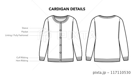 Cardigan details diagram with names - Sleeve, Placket, Linking, rib line style technical fashion illustration. Flat 117110530