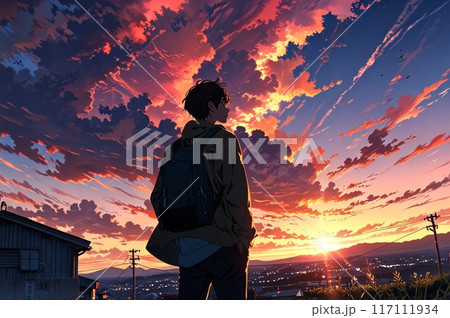 男の子、イラスト、夕日 117111934