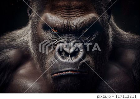 A closeup shot of a brown gorilla with angry scary expression A closeup shot of a brown gorilla with angry scary expression 117112211