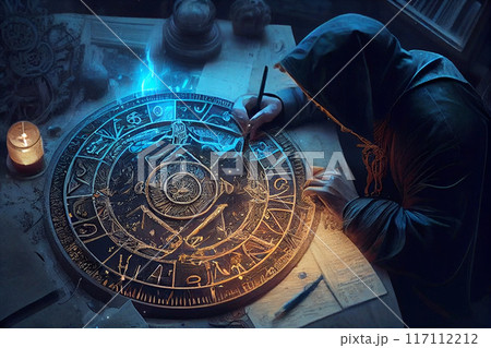 Astrology. Astrologer calculates a natal chart and makes a forecast of fate. Astrological forecast, mysticism, science. Astrological background. 117112212