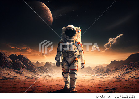 Astronaut runs on background of mountain lanshafty. 117112215