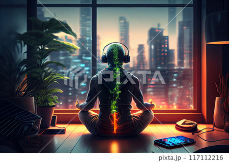 a girl meditates in the lotus position at home with panoramic windows overlooking the city. a girl meditates in the lotus position at home with panoramic windows overlooking the city. 117112216