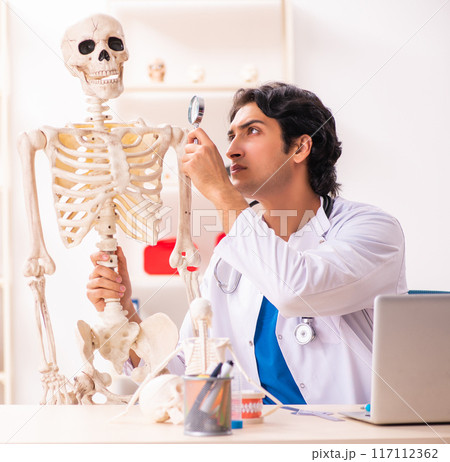 Young male doctor with skeleton Young male doctor with skeleton 117112362