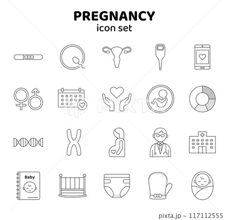 妊娠　アイコン　セット　フェムテック　イラスト　線　子宮　病院　妊婦　胎児　懐妊　受精　染色体　白黒 117112555