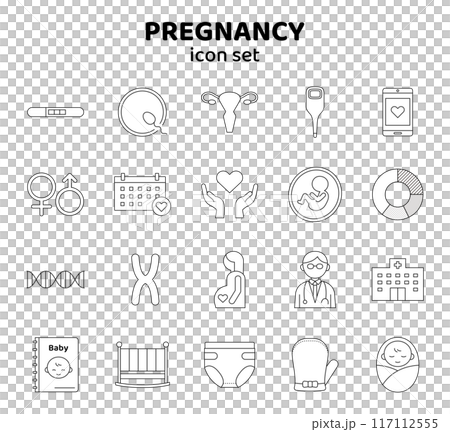 妊娠　アイコン　セット　フェムテック　イラスト　線　子宮　病院　妊婦　胎児　懐妊　受精　染色体　白黒 117112555