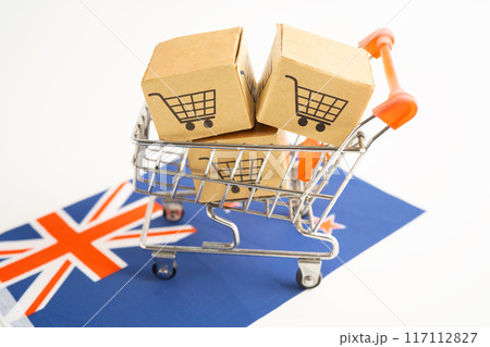 Australia flag with box shopping online cart logo. Import export shopping online. Australia flag with box shopping online cart logo. Import export shopping online. 117112827