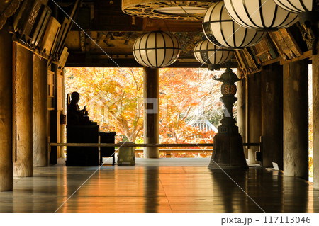 奈良県桜井市　総本山大和国長谷寺　紅葉の本堂礼堂 117113046