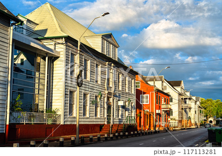 Traditional houses in the historic center of Paramaribo, UNESCO world heritage in Suriname, South America Traditional houses in the historic center of Paramaribo, UNESCO world heritage in Suriname, South America 117113281