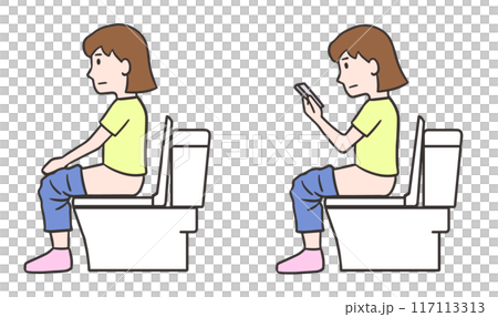 トイレに座る女性とトイレでスマホを見る女性のセットイラスト 117113313