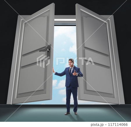 Businessman entering big large door Businessman entering big large door 117114066
