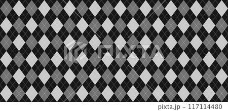 Black, grey and white seamless argyle pattern. Rhombus repeated texture background. Stitched diamond forms for textile design, fabric print, wrapping paper, clothes pattern design. Vector wallpaper Black, grey and white seamless argyle pattern. Rhombus repeated texture background. Stitched diamond forms for textile design, fabric print, wrapping paper, clothes pattern design. Vector wallpaper 117114480