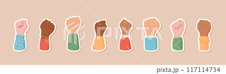 Set of isolated sticker raised support sign fist , a woman raises a solidarity sign, a character shows up with a strength fist, patches with people hold a revolution symbol or a protest gesture. 117114734