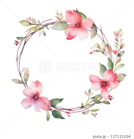 An image of circle picture frame decorated with pink flower. Spring. AIG35. 117115204