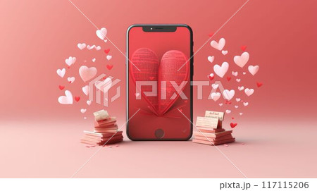 3D rendering of a smartphone with a broken heart on the screen The phone is surrounded by small, pink hearts AIG535 117115206