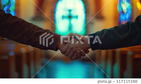 Two people of different faiths shaking hands in a church with a stained glass window in the background. 117115380