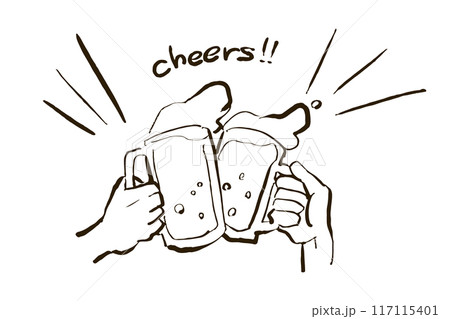 ビールの乾杯イラスト(cheers、線画) 117115401