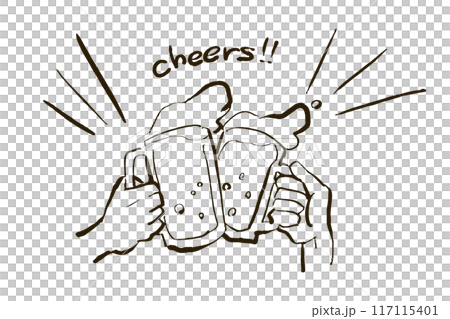 ビールの乾杯イラスト(cheers、線画) 117115401