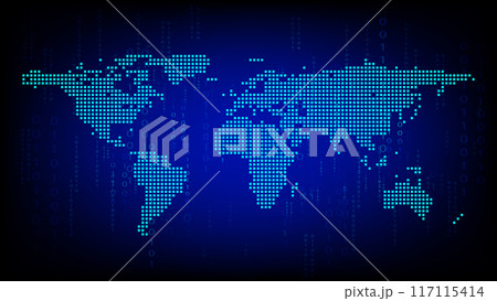 Blue world map background with number digital, showcasing global communication 117115414