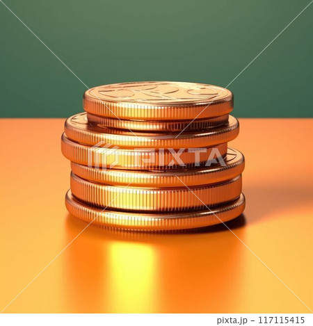 Shiny stacked of bright golden coins with crypto currency symbol. Money. AIG35. 117115415