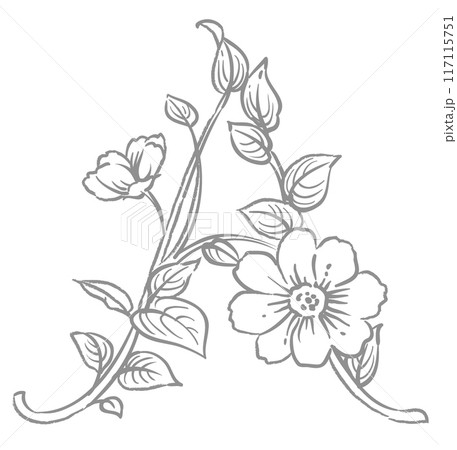 エレガントな花を使ったデザイン文字。「A」。ベクター素材。 エレガントな花を使ったデザイン文字。「A」。ベクター素材。 117115751