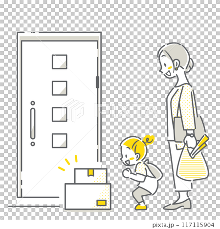置き配を利用する親子　シンプルでお洒落な線画イラスト 117115904