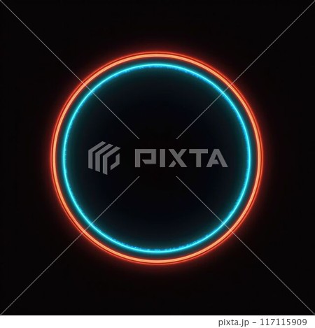 Circular neon light rings on dark background with reflective surface. AIG35. 117115909