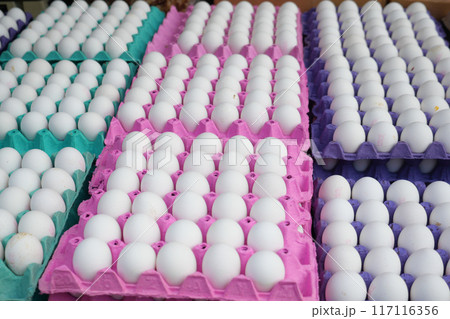 eggs in the supermarket a lot of eggs cardboard trays 117116356