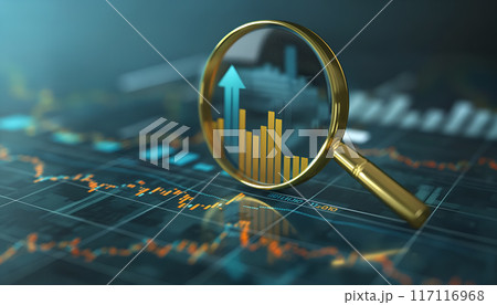 Magnifying glass focusing on a rising up arrow graph on financial chart	 117116968
