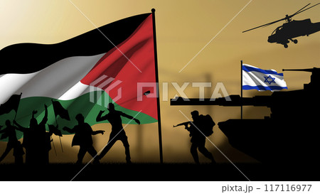 Silhouette of Palestinian protesters against Israeli soldiers, with a blurred war zone in the background 117116977