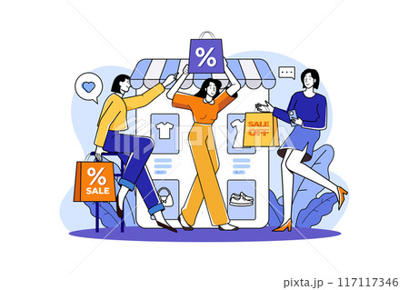 Group of happy women with discount bags in hand Group of happy women with discount bags in hand 117117346
