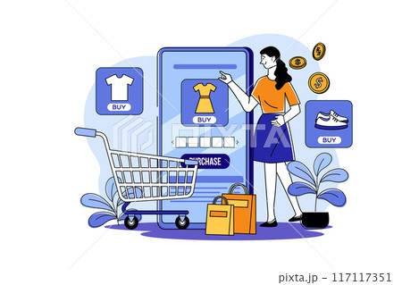 A girl is shopping online through a smart phone 117117351