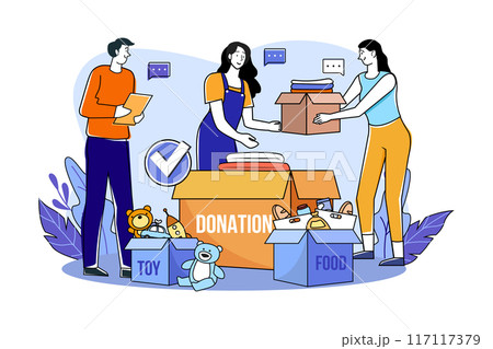 Group of volunteers sorting charity items 117117379