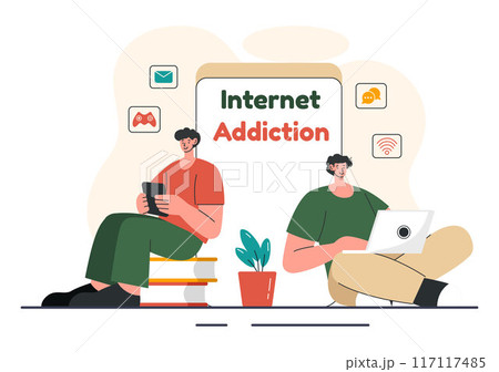 Internet Addiction Vector Illustration with Young People Addicted to Using Devices Such as Laptops or Smartphones in a Flat Style Cartoon Background Internet Addiction Vector Illustration with Young People Addicted to Using Devices Such as Laptops or Smartphones in a Flat Style Cartoon Background 117117485