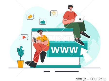 Internet Addiction Vector Illustration with Young People Addicted to Using Devices Such as Laptops or Smartphones in a Flat Style Cartoon Background Internet Addiction Vector Illustration with Young People Addicted to Using Devices Such as Laptops or Smartphones in a Flat Style Cartoon Background 117117487