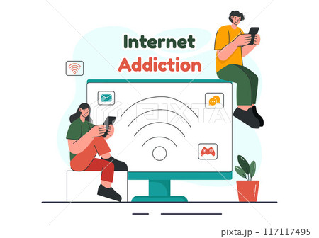 Internet Addiction Vector Illustration with Young People Addicted to Using Devices Such as Laptops or Smartphones in a Flat Style Cartoon Background Internet Addiction Vector Illustration with Young People Addicted to Using Devices Such as Laptops or Smartphones in a Flat Style Cartoon Background 117117495