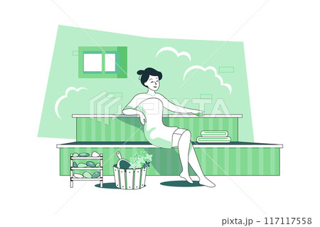 Woman relaxing in the sauna. 117117558