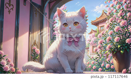 幻想的花遊園地で出会う、白毛玉猫の春戯れ舞い 117117646