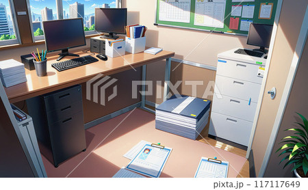散らばるオフィスのデスク 117117649