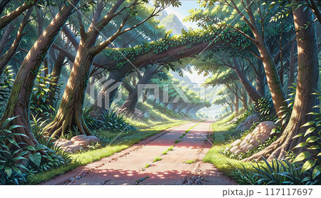 緑光に彩られし樹海の楽園で、太陽神降り注ぐ森林道を我が足音も忘れて 117117697