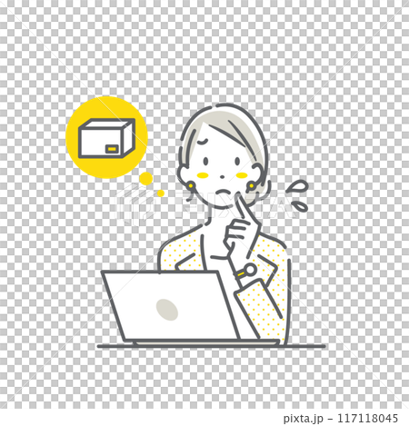 一位上班族擔心收到行李的女性簡單而時尚的線條畫插圖。 一位上班族擔心收到行李的女性簡單而時尚的線條畫插圖。 117118045