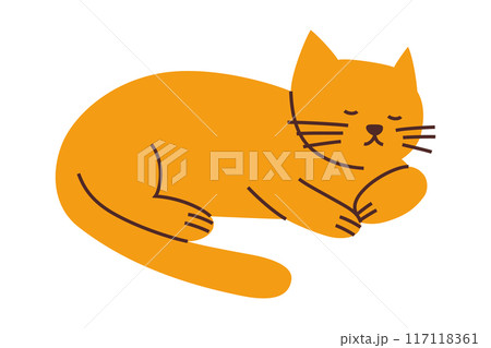 Ginger cat curled up and sleeping vector illustration. Cozy cartoon pet with orange fur, shorthair kitten icon, for animal lovers, pet shops, and veterinarians. Cute and peaceful flat design 117118361
