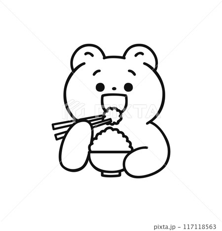 笑顔でごはんを食べるかわいいクマ・線画のイラスト素材 [117118563