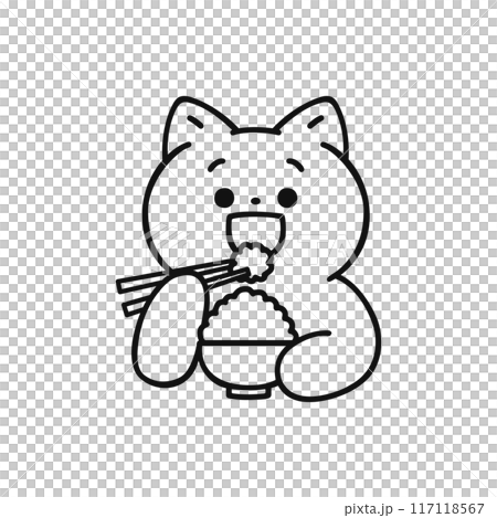 笑顔でごはんを食べるかわいい猫・線画 117118567