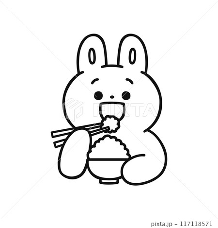 笑顔でごはんを食べるかわいいウサギ・線画 117118571