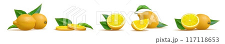 Lemon slice. Fruit lemonade flavor, green citrus leaf and fresh juice. Whole, half and peel. Tropical logo. Realistic isolated compositions. Summer lemonade ingredient. Vector realistic icons Lemon slice. Fruit lemonade flavor, green citrus leaf and fresh juice. Whole, half and peel. Tropical logo. Realistic isolated compositions. Summer lemonade ingredient. Vector realistic icons 117118653