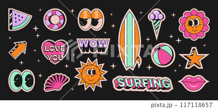Retro stickers. Cool vintage smile. Fun and youth fashion label. Cute positive 80s patch. Sweet comic art. Flower emoji. Summer sea surfing. Fruit ice cream. Vector cartoon icons set Retro stickers. Cool vintage smile. Fun and youth fashion label. Cute positive 80s patch. Sweet comic art. Flower emoji. Summer sea surfing. Fruit ice cream. Vector cartoon icons set 117118657