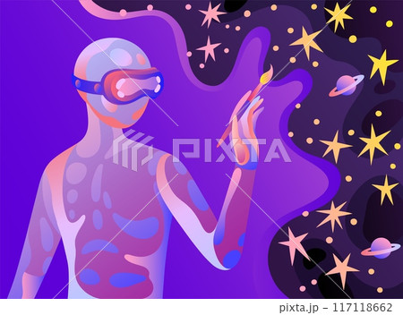 VR glasses. Artist painting in virtual reality simulator. Augmented visual experience of painter. Future tech brush. AR innovation technology. Interactive brushstrokes. Vector concept 117118662