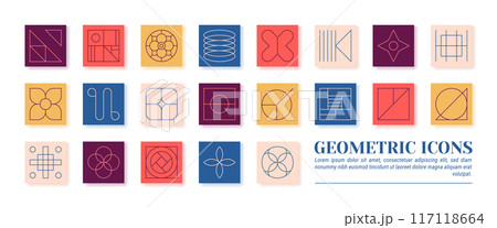 Line shapes. Square brutalism icons for architecture buildings. Minimal geometry flat grid constructions for thin app design. Abstract simple flower. Vector geometric color symbols set 117118664