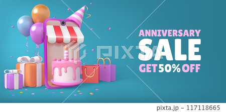 3d gift. Anniversary cake sale, box with podium balloon and ribbon in phone, present and confetti store ad. Shop birthday. Mobile application, smartphone screen render element, vector web banner 3d gift. Anniversary cake sale, box with podium balloon and ribbon in phone, present and confetti store ad. Shop birthday. Mobile application, smartphone screen render element, vector web banner 117118665