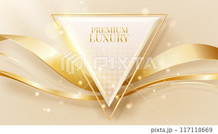 Golden background. Gold glitter award light with line beauty elements, bright shiny shapes. Triangle form for text. Elegant ribbon, presentation template. Premium luxury vector banner design 117118669